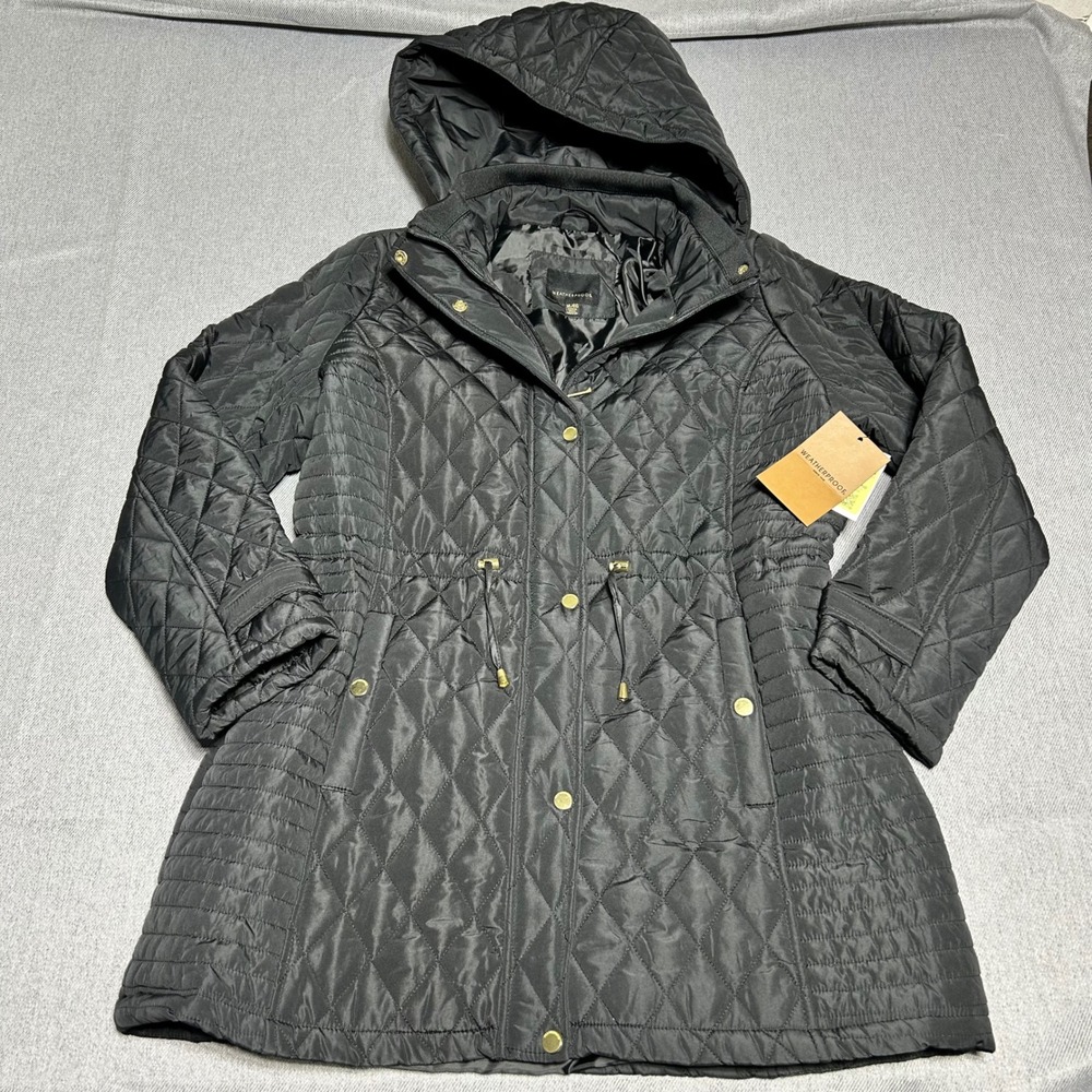 Weatherproof Women Quilted Hooded Anorak Jacket XL Black Gold Hardware NWT
